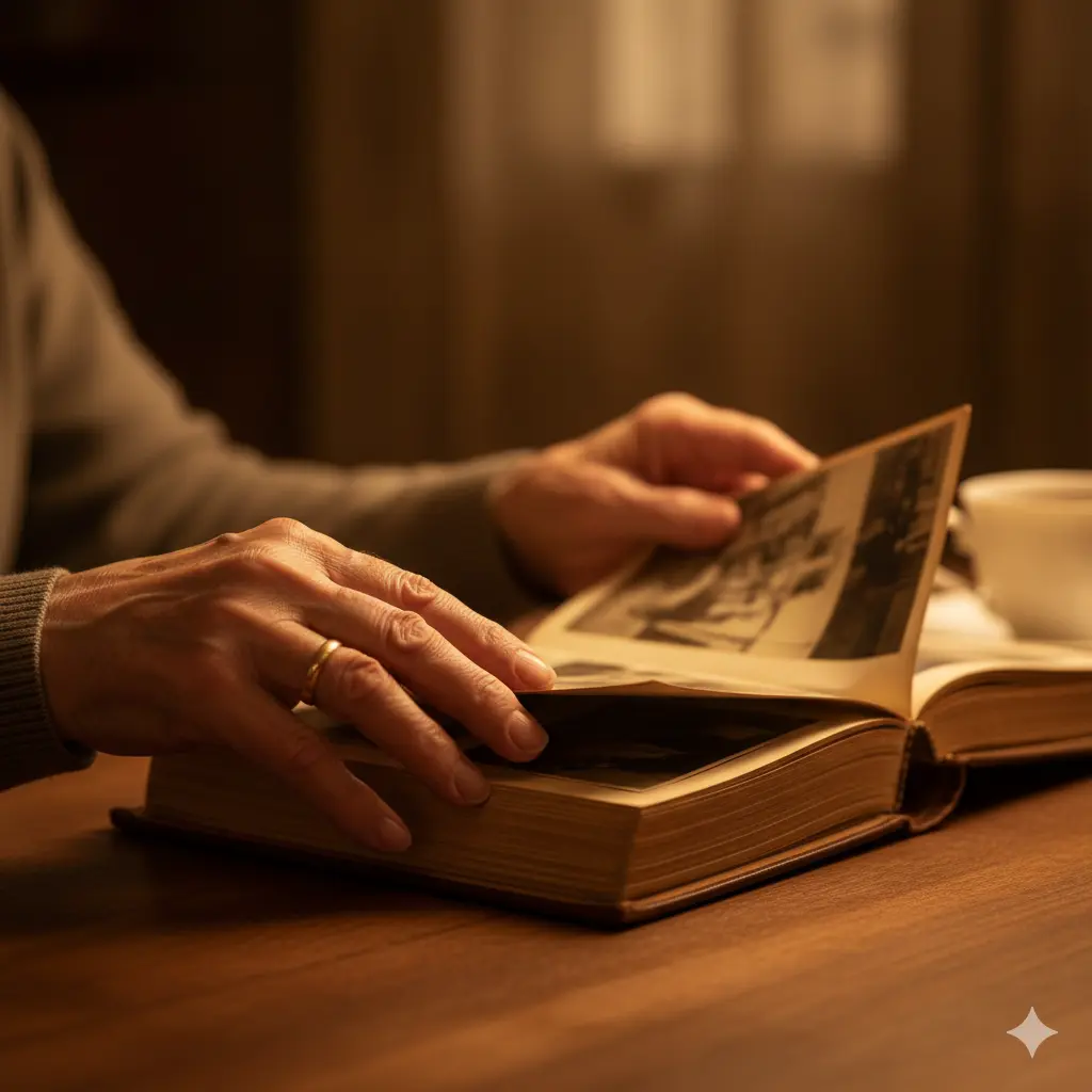 Des mains feuilletant un album photo de famille