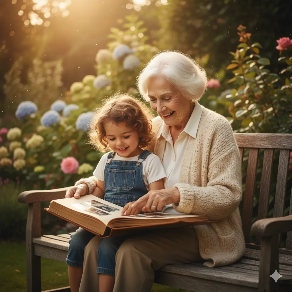 Un grand-père regardant un album photo avec son petit-enfant