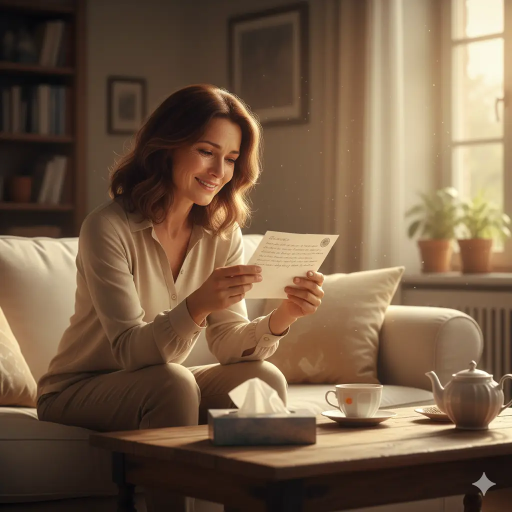 Une femme lisant un message avec émotion